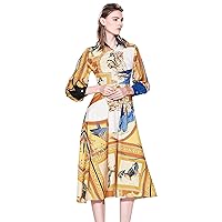 Womens 3/4 Puff Sleeves Baroque and Bird Print Button up Swing Midi Dress