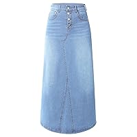 Womens Long Denim Skirt Casual A-Line Stretch Jean Skirt for Women High Waisted Vintage Denim Maxi Skirt with Pockets Blue