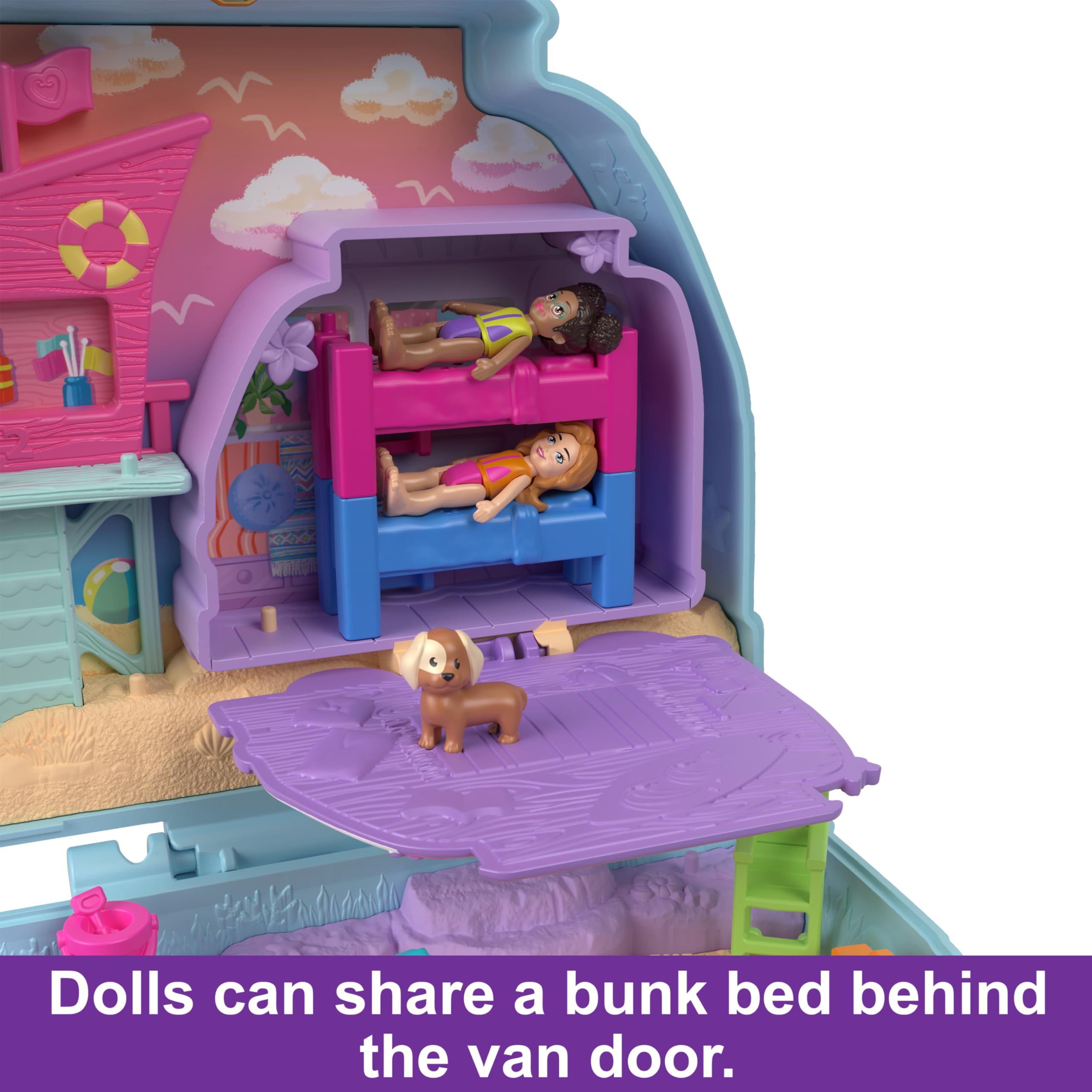 Polly Pocket Dolls and Playset, Travel Toy with Fidget Exterior, Seaside Puppy Ride Compact with 12 Accessories