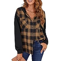 Blooming Jelly Womens Plaid hooded Flannel Shirts Long Sleeve Hoodies Shacket Button Down Oversized Color Block Fall Tops