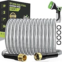 100ft Metal Garden Hose, Heavy Duty Stainless Steel Water Hose with 10-Function Spray Nozzle, 3/4