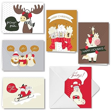 72 Piece Cute Animal Wintertime Greeting Cards Collection with 6 Unique Festive Designs & Envelopes for Winter Christmas Season, Holiday Gift Giving, Xmas Gifts Cards.