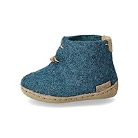 Kids Indoor Boot, Wool Slippers with Leather Sole, Petrol
