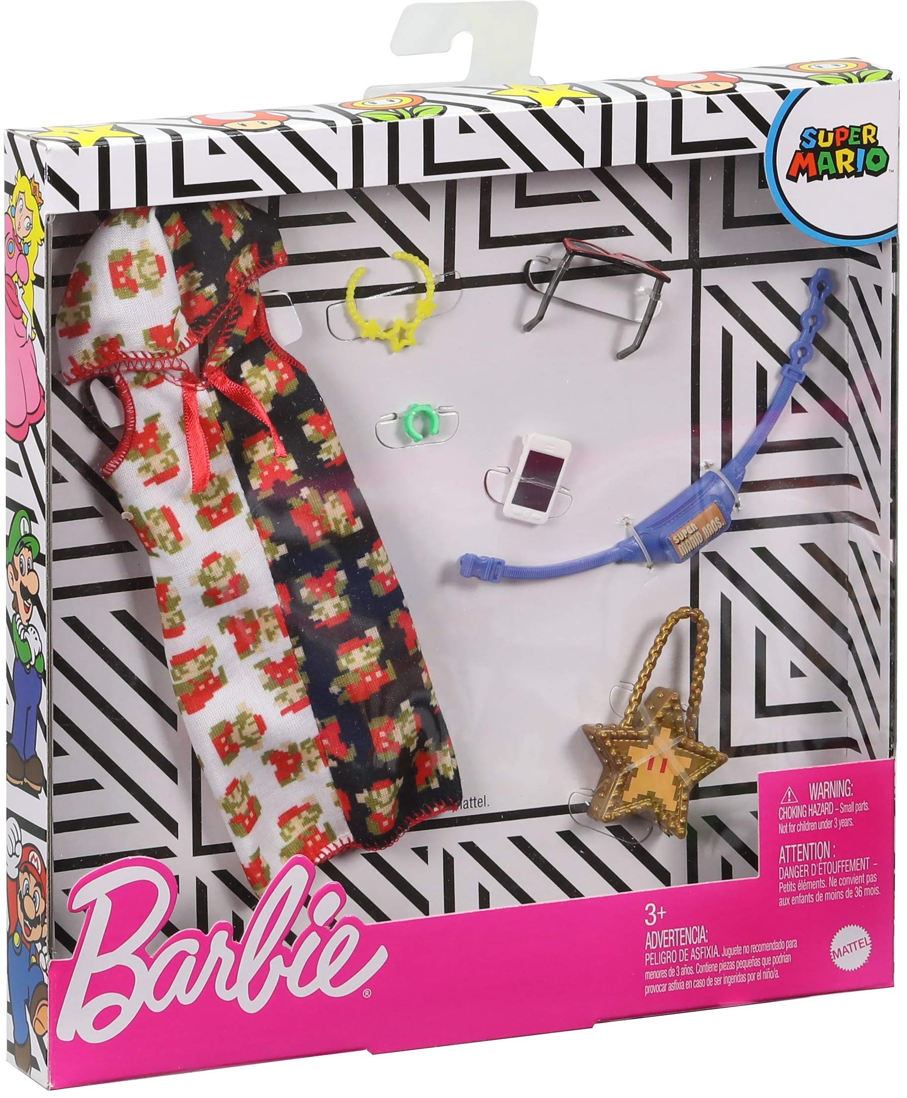 Barbie Storytelling Fashion Pack of Doll Clothes Inspired by Super Mario: Hoodie Dress & 6 Accessories for Barbie Dolls, Gift for 3 to 8 Year Olds