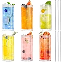 Drinking Glasses, Origami Style 6 pcs Glass Cups with straw, 12oz Highball Glasses, Elegant Ripple Vintage Glassware, Ribbed Glasses, Iced Coffee Glasses Ideal for Cocktail Whiskey, Juice