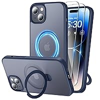 Magnetic for iPhone 15 Plus Case with Stand, Invisible Ring Holder with Screen Protector Compatible with MagSafe Slim Frosted Matte Phone Case Cover 6.7-Inch (2023), Blue