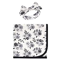 Unisex Baby Organic Cotton Swaddle Blanket and Headband or Cap, Black Floral, One Size