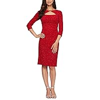 Alex Evenings Women's Short Jacquard Knit Dress (Regular and Petite), Red, 14
