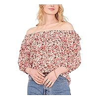 Vince Camuto Womens Ivory Sheer Unlined Curved Hem Ruffled Floral 3/4 Sleeve Off Shoulder Top XS