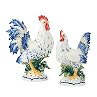 Fitz and Floyd Ceramic Rooster and Hen Figurine, Sicily Blue, Rooster 12.75-Inch and Hen 10.5-Inch