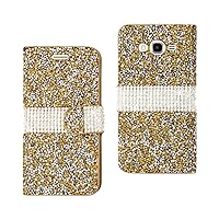 Reiko Bling Diamond Flip Wallet Case for Samsung Galaxy Grand Prime & Others - Retail Packaging - Gold