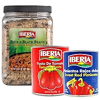 Iberia Sweet Red Pimientos 27.5 Ounce + Iberia Tomato Paste, 28 oz + Iberia Rice and Black Beans Jar 3.4 lb.