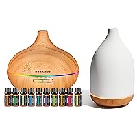 InnoGear 400ml Aromatherpy Diffuser with 10 Essential Oils Set & 150ml Ceramic Diffuser, Oil Diffusers Set with Adjustable Mist 7 Color Lights Waterless Auto Off for Home Office Room, Pack of 2