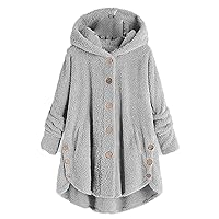 Andongnywell Women Oversized Sherpa Hoodie Fuzzy Fleece Jacket Single Row Buttons Outerwear Coat with Pockets (Gray,X-Large)