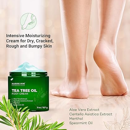 MAJESTIC PURE Athletes Foot Cream with Tea Tree Oil, Aloe & Spearmint - Hydrates, Softens & Conditions Dry Cracked Feet, Heel and Calluses,- Helps Soothe Irritated Skin - 8 oz