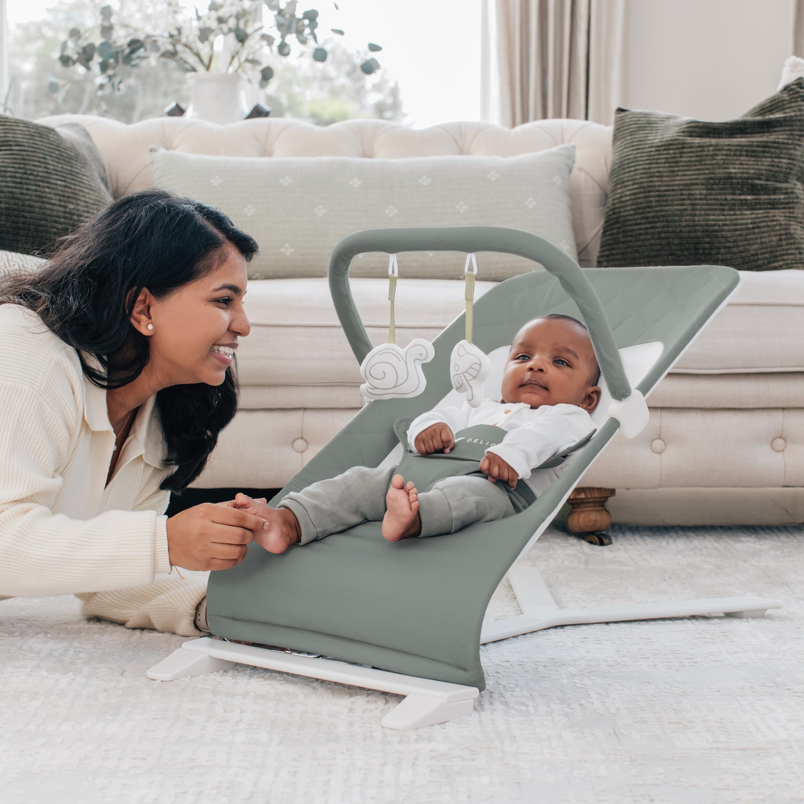 Baby Delight Alpine Deluxe Portable Baby Bouncer | Infant | 0-6 Months | 100% GOTS Certified Organic Cotton Fabric | Organic Sage