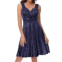 GRACE KARIN Sexy Sequin Sparkling Wrap V-Neck Cocktail Dress for Women Navy Blue Size S