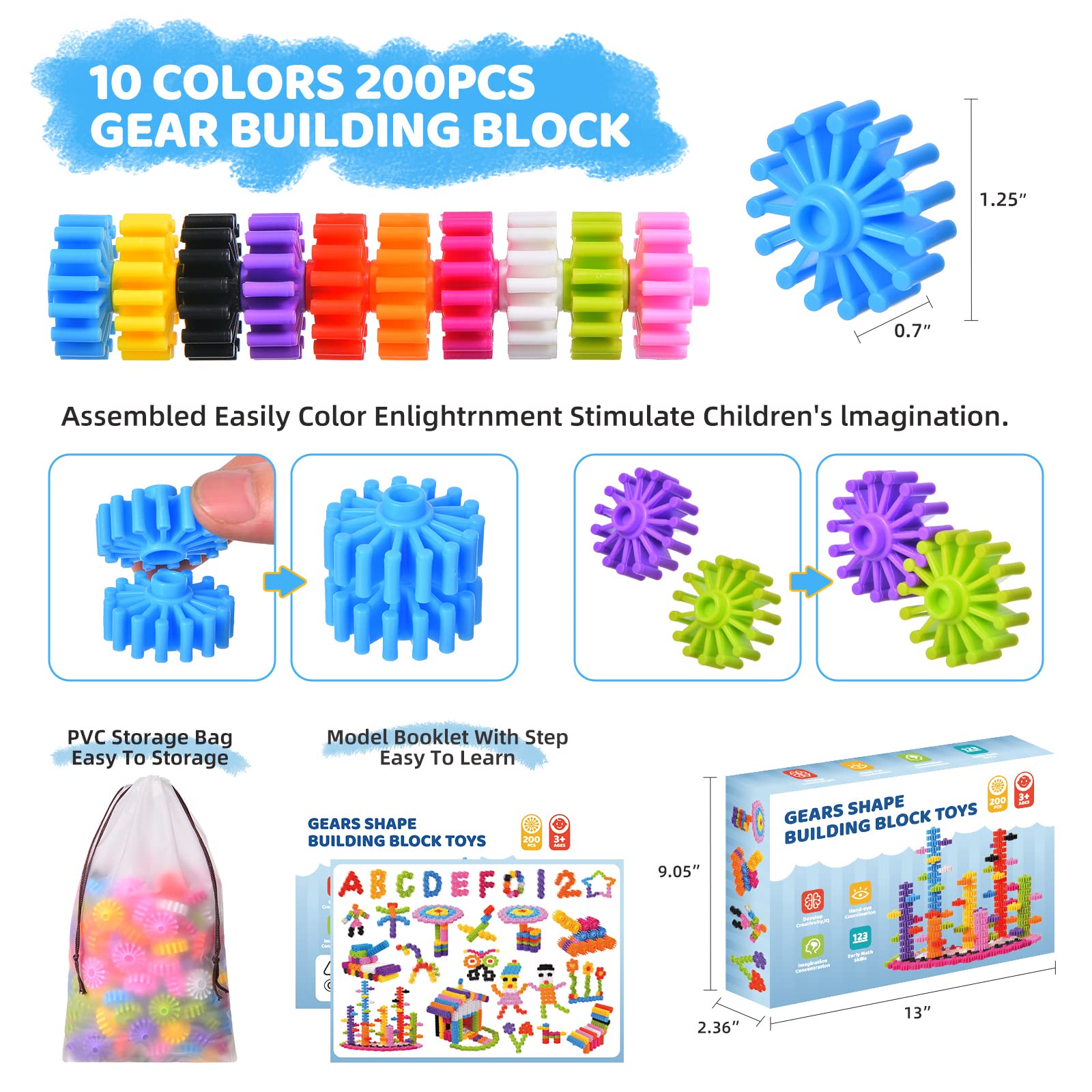 KLAOLPES Kids 200 pcs Set Building Blocks Structure Toy - Gear Interlocking Learning Set STEM Toy Set Education Kit Building Children's Toys Development Kindergarten Toy- 10 Colors