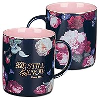 Christian Art Gifts Large Ceramic Inspirational Scripture Coffee & Tea Mug for Women: Be Still & Know Encouraging Gold Bible Verse, Lead/Cadmium Free Cute Drinkware, Dark Navy Blue/Pink Floral, 14 oz.