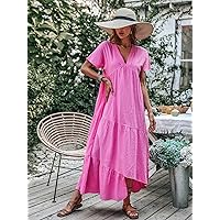 Dresses for Women Women's Dress Dolman Sleeve Ruffle Asymmetrical Hem Smock Dress Dresses (Color : Hot Pink, Size : Large)