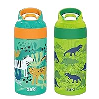 16oz Riverside Kids Water Bottle with Spout Cover and Built-in Carrying Loop, Made of Durable Plastic, Leak-Proof Design for Travel (Dino Camo & Safari, Pack of 2)