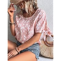 Womens Summer Tops Allover Print Knot Cuff Split Sleeve Blouse (Color : Pink, Size : X-Large)