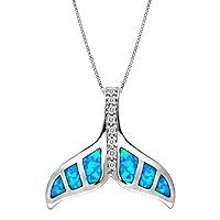 Honolulu Jewelry Company Sterling Silver Whale Tail CZ Accented Necklace Pendant with Simulated Blue Opal and 18