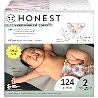 The Honest Company Clean Conscious Diapers | Plant-Based, Sustainable | Young at Heart + Rose Blossom | Super Club Box, Size 2 (12-18 lbs), 124 Count