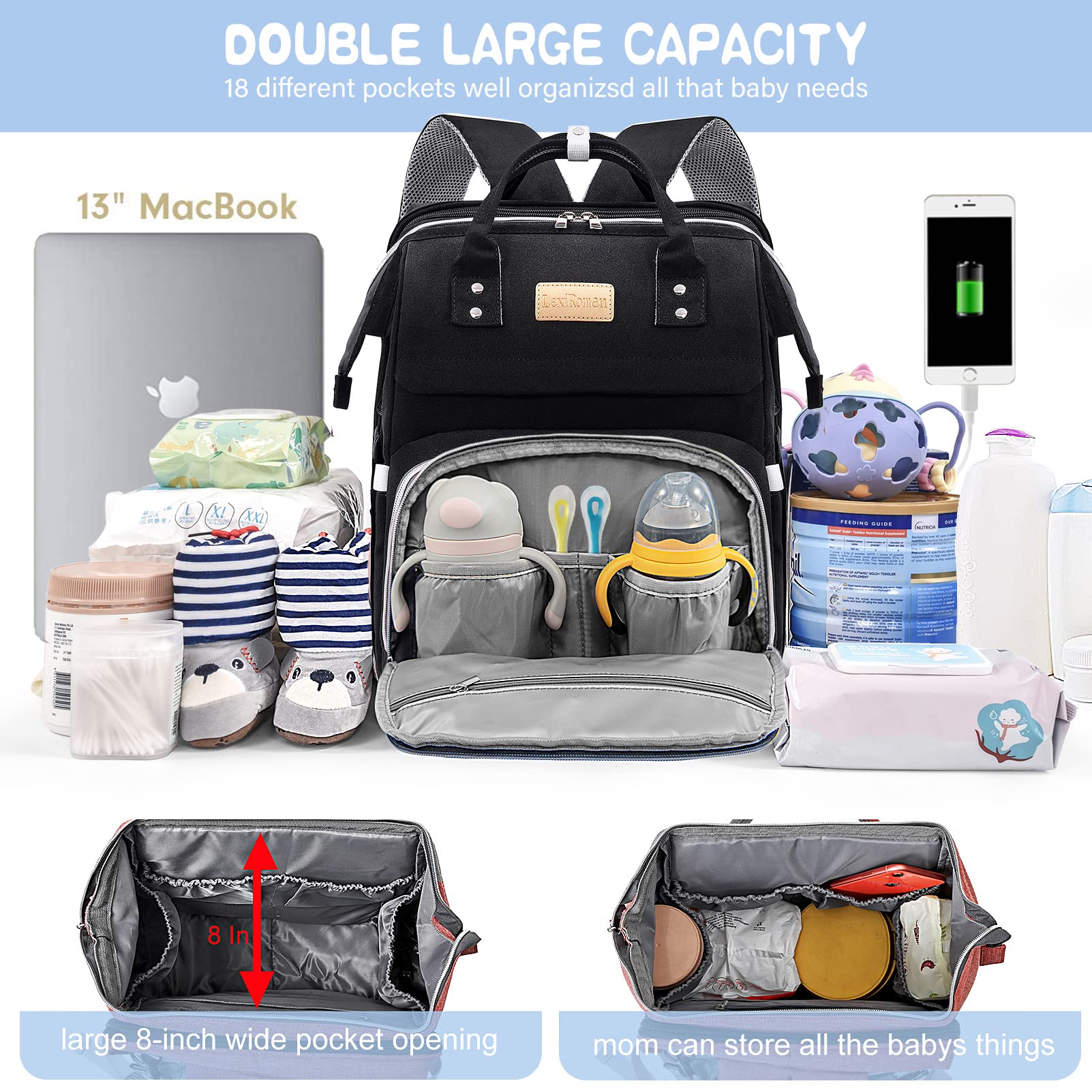 Diaper Bag Backpack, Large Capacity Multifunction Diaper Backpack with Changing Pad for Boy Girl, Travel Baby Bag for Moms Dads, Baby Registry Search Shower Gifts Waterproof and Stylish Black