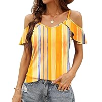 Blingfit Women Summer Cold Shoulder Tops Loose V Neck Short Sleeve Blouses Sexy Casual Ruffle Sleeves Tunic Shirts S-XXL