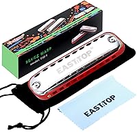 East top Junior Blues Harmonica, 10 Holes C Key Diatonic Harmonica Mouth Organ for Beginner,Kids,Children,Students,Gift,with Smoothly Rounded Edge and Fabric Cloth Pouch, Red