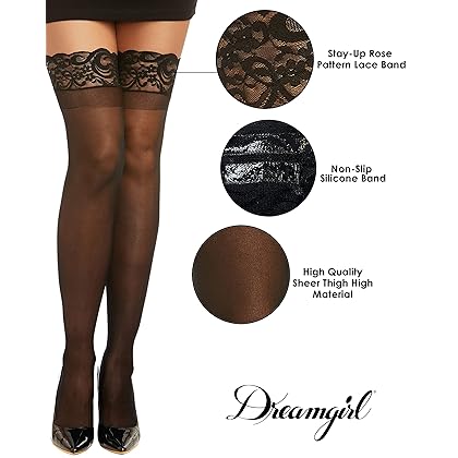 Dreamgirl Women’s Sheer Thigh High Pantyhose Hosiery Nylons Stockings with Comfort Lace Top Anti-Slip Silicone Elastic Band