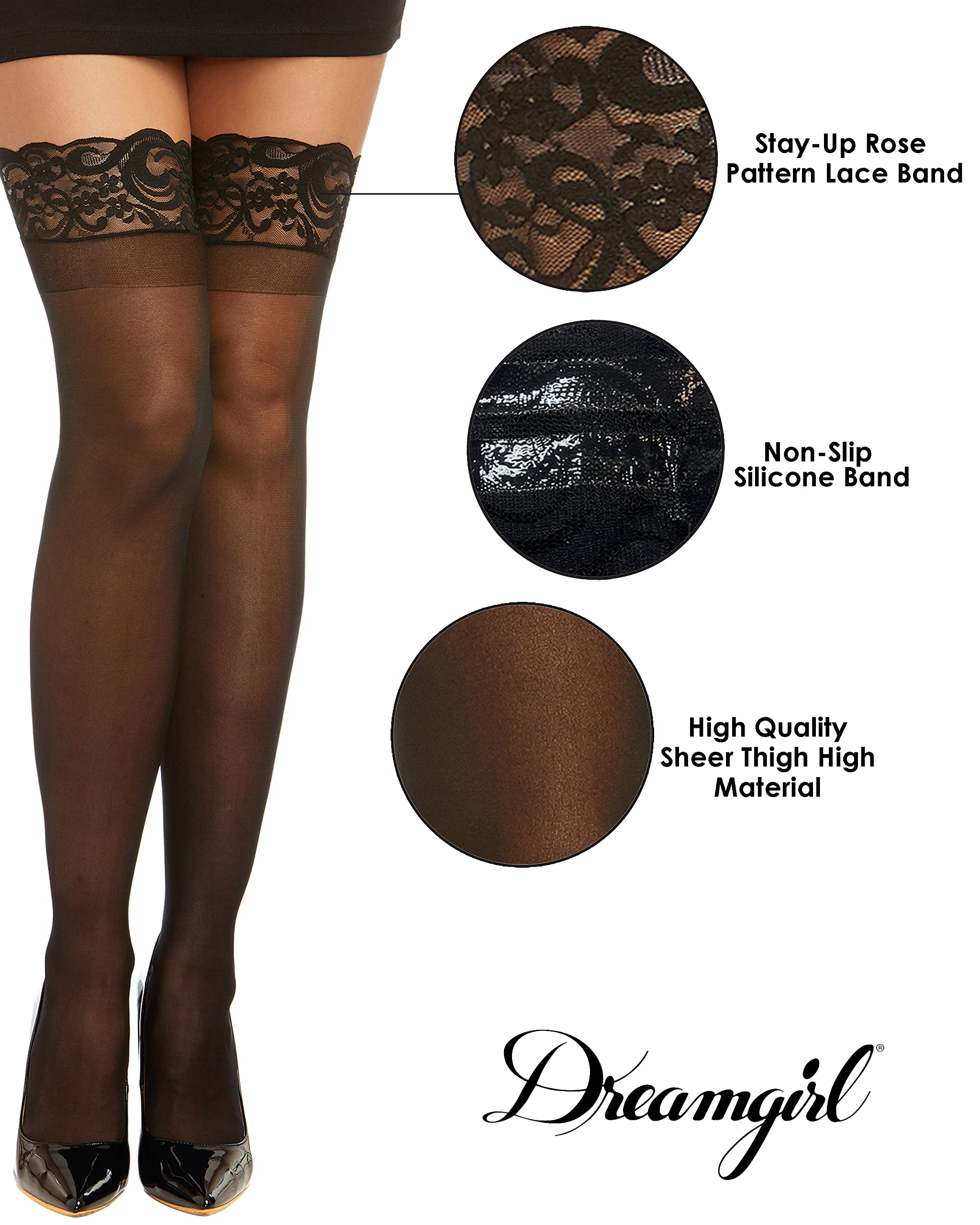 Dreamgirl Women’s Sheer Thigh High Pantyhose Hosiery Nylons Stockings with Comfort Lace Top Anti-Slip Silicone Elastic Band