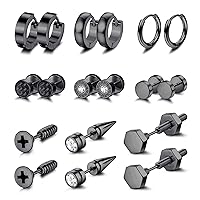 FIBO STEEL 9 Pairs Black Earrings for Men Women Fake Plugs Guages Stud Earrings Stainless Steel Small Hoops Huggie Earring Set Jewelry Piercing Hoop Earrings