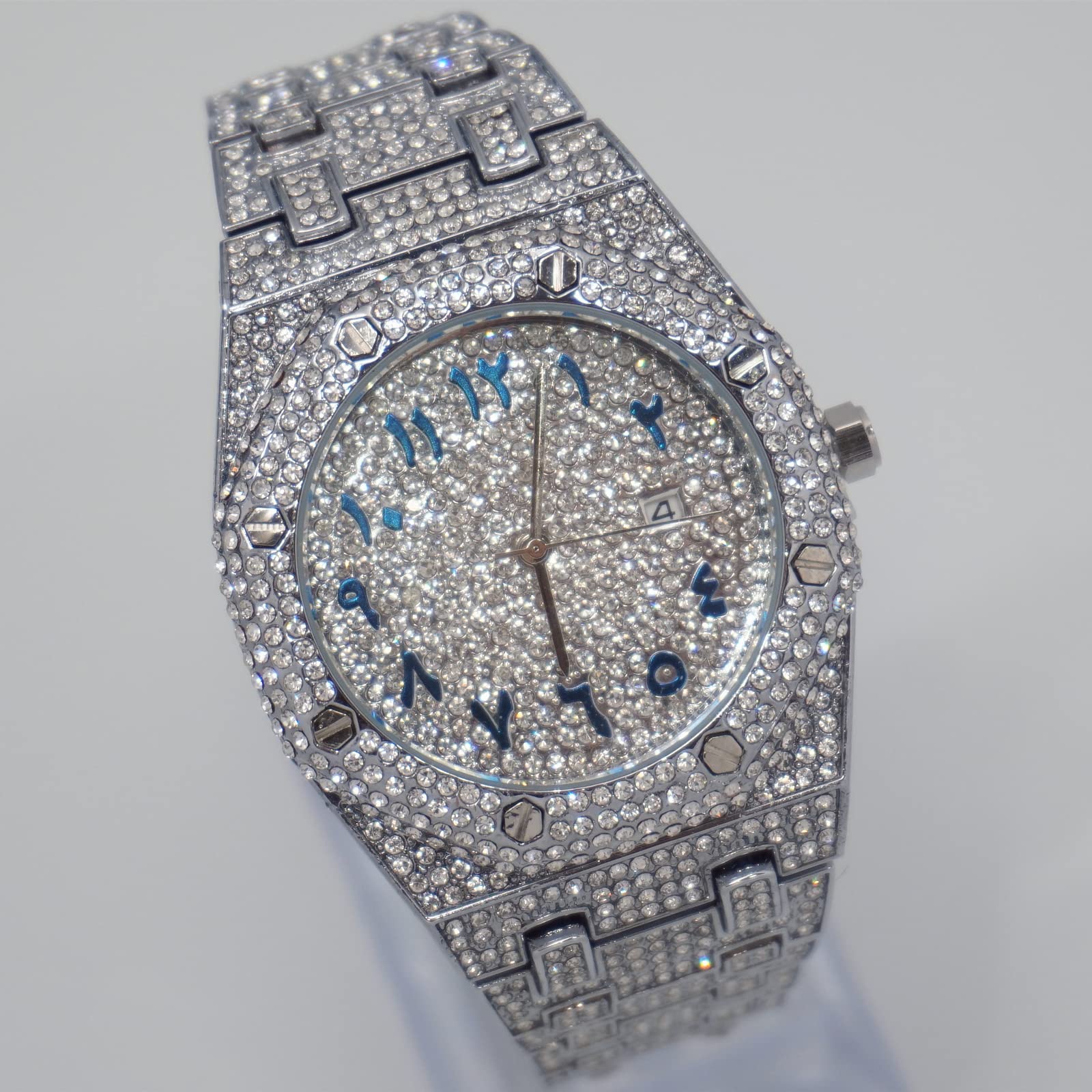 ICEDIAMOND CZ Diamant Charm Quarz Armbanduhr, vereist helle Zirkonsteine 43mm Kalender Zifferblatt Hip Hop Trend Schmuck Uhr für Männer