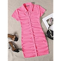 Summer Dresses for Women 2022 Collared Buttoned Front Rib-Knit Dress Dresses for Women (Color : Pink, Size : X-Small)