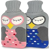 2L Hot Water Bottle with Cover Large Cute Rubber Warm Water Bag (Pack of 2) for Pain Relief, Cramps, Hot and Cold Therapy, Pink Owl and Gray Navy Owl