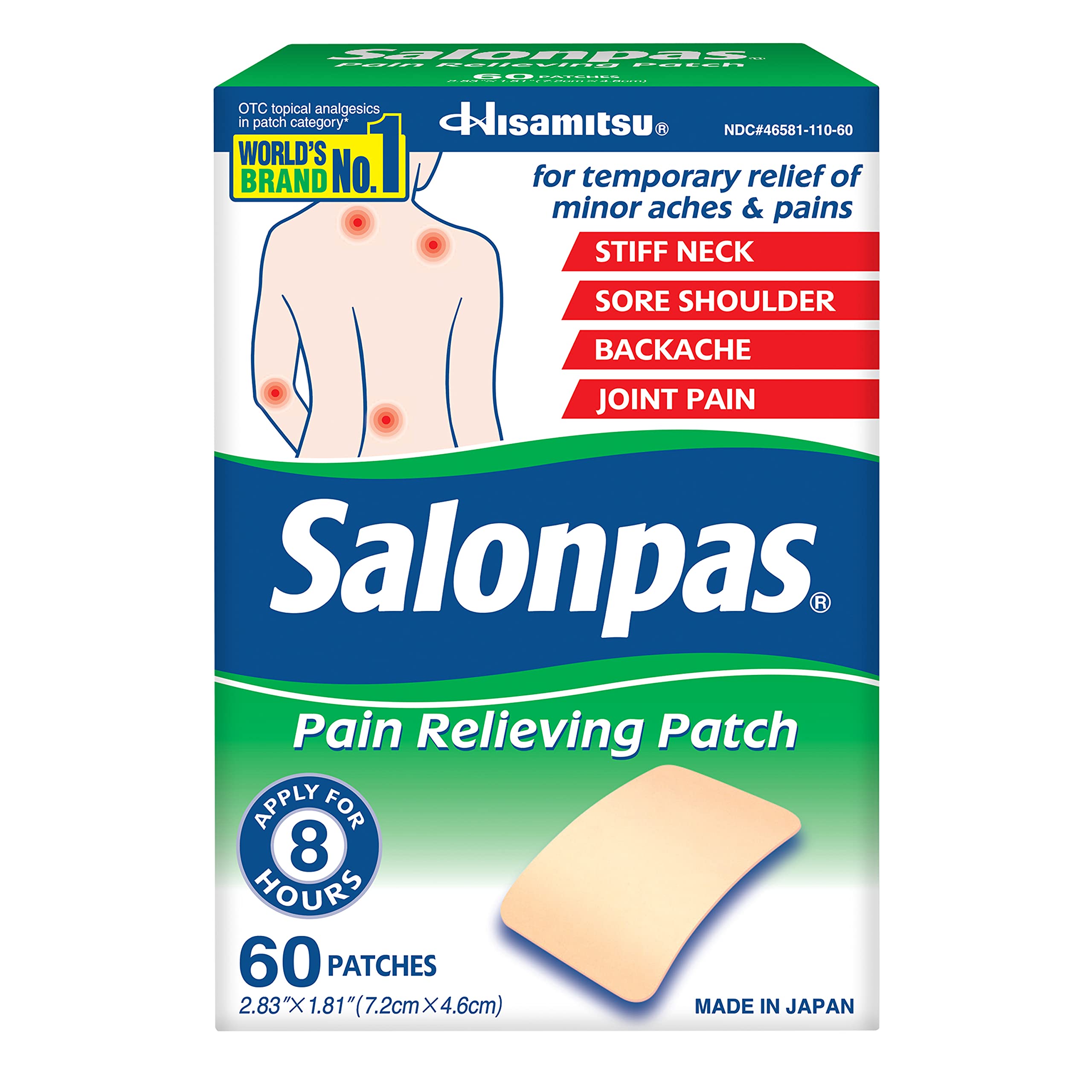 Salonpas Pain Relieving Patch for Back, Neck, Shoulder, Knee Pain and Muscle Soreness - 8 Hour Pain Relief - 60 Count