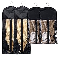 4 Pack Hair Extension Holder Wig Storage Bag with Hanger Hairpieces Ponytail Bundles Storage Carrier Case for Store Style Hair Travel Hair Extensions Bag Black Color