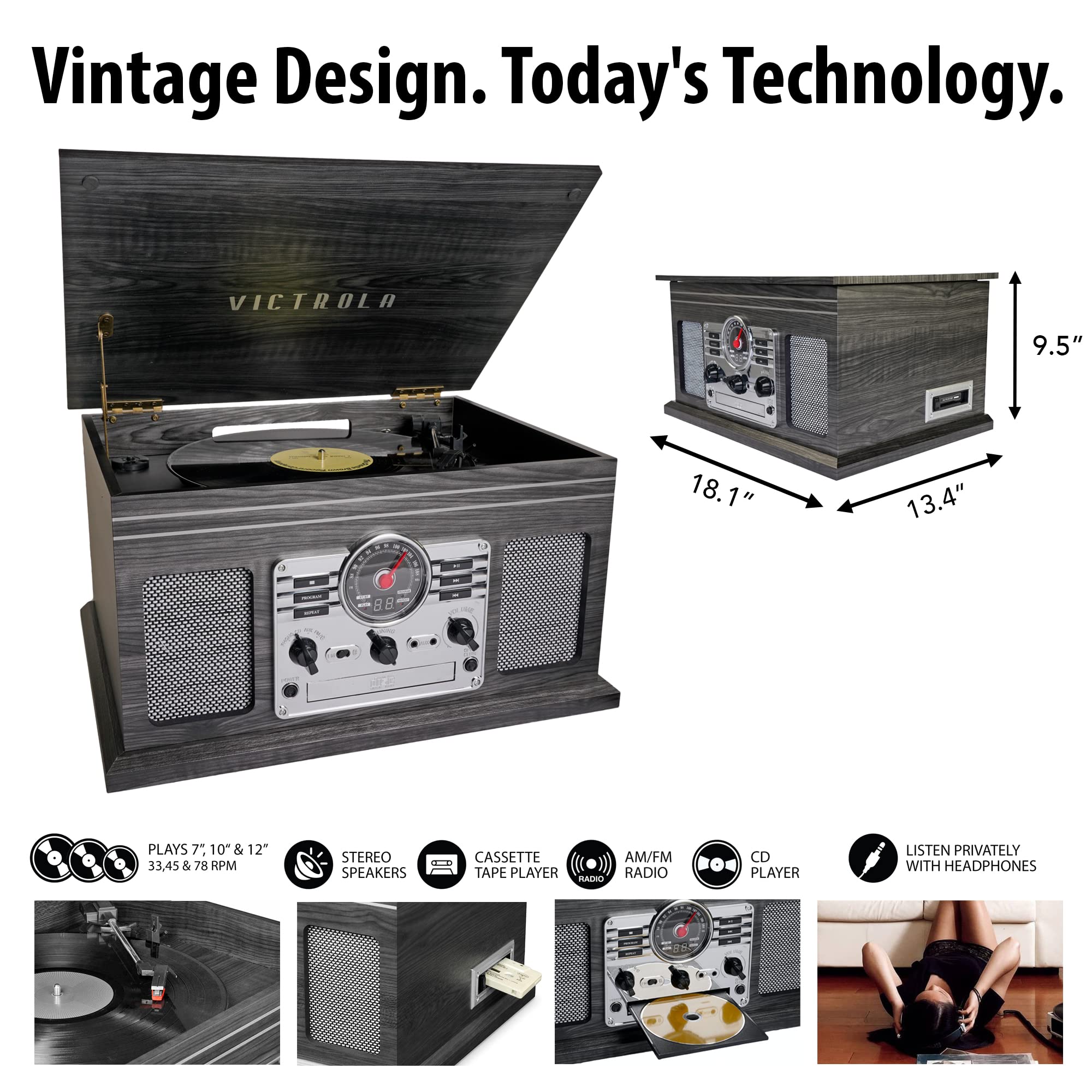 Victrola Nostalgic 6-in-1 Bluetooth Record Player & Multimedia Center with Built-in Speakers - 3-Speed Turntable, CD & Cassette Player, AM/FM Radio | Wireless Music Streaming | Grey | wood