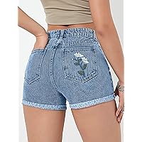 Jean Shorts Womens Floral Embroidery Roll Up Hem Denim Shorts (Color : Medium Wash, Size : 30)