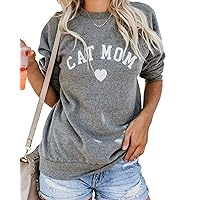 Dog Mom Cat Mom Sweatshirts Long Sleeve Crew Neck Letter Print Shirts Blouse Top