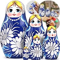 AEVVV Russian Nesting Dolls Set of 5 pcs - Blue Russian Doll in Sarafan with Daisy Flowers - Matryoshka with Chamomile Flowers - Daisy Decor - Blue Decor
