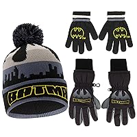 DC Comics Boys Winter Hat with Knit Insulated Ski Glove, Batman 3-Piece Set, Ages 4-7