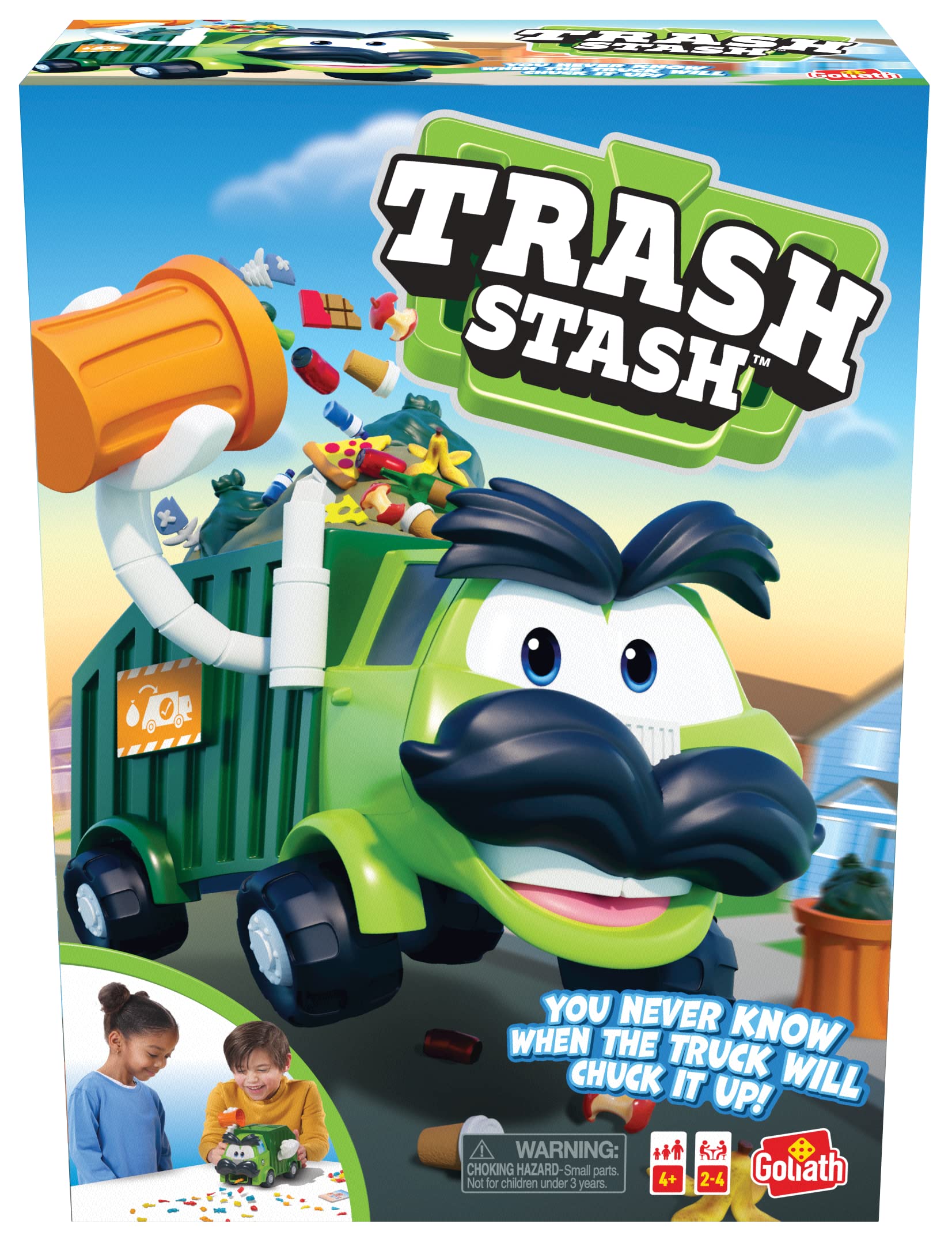 Goliath Trash Stash Game - Fill Trashcan, Watch It Dump Into Garbage Truck Or Truck Chucks It Up - No Reading Required, Ages 4 and Up, 2-4 Players , Green