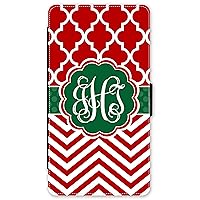 iPhone Xs Max, Phone Wallet Case Compatible with iPhone Xs Max [6.5 inch] Red Green Chevron Lattice Holiday Christmas Monogrammed Personalized Protective Case IPXSMW