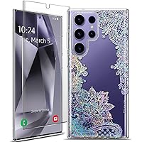 Coolwee Clear Glitter for Galaxy S24 Ultra Case - 6.8 inch, Shockproof Thin Flower Slim Cute Crystal Lace Bling Women Hard Back Soft TPU Bumper Protective Cover for Samsung S24 Ultra Mandala Henna