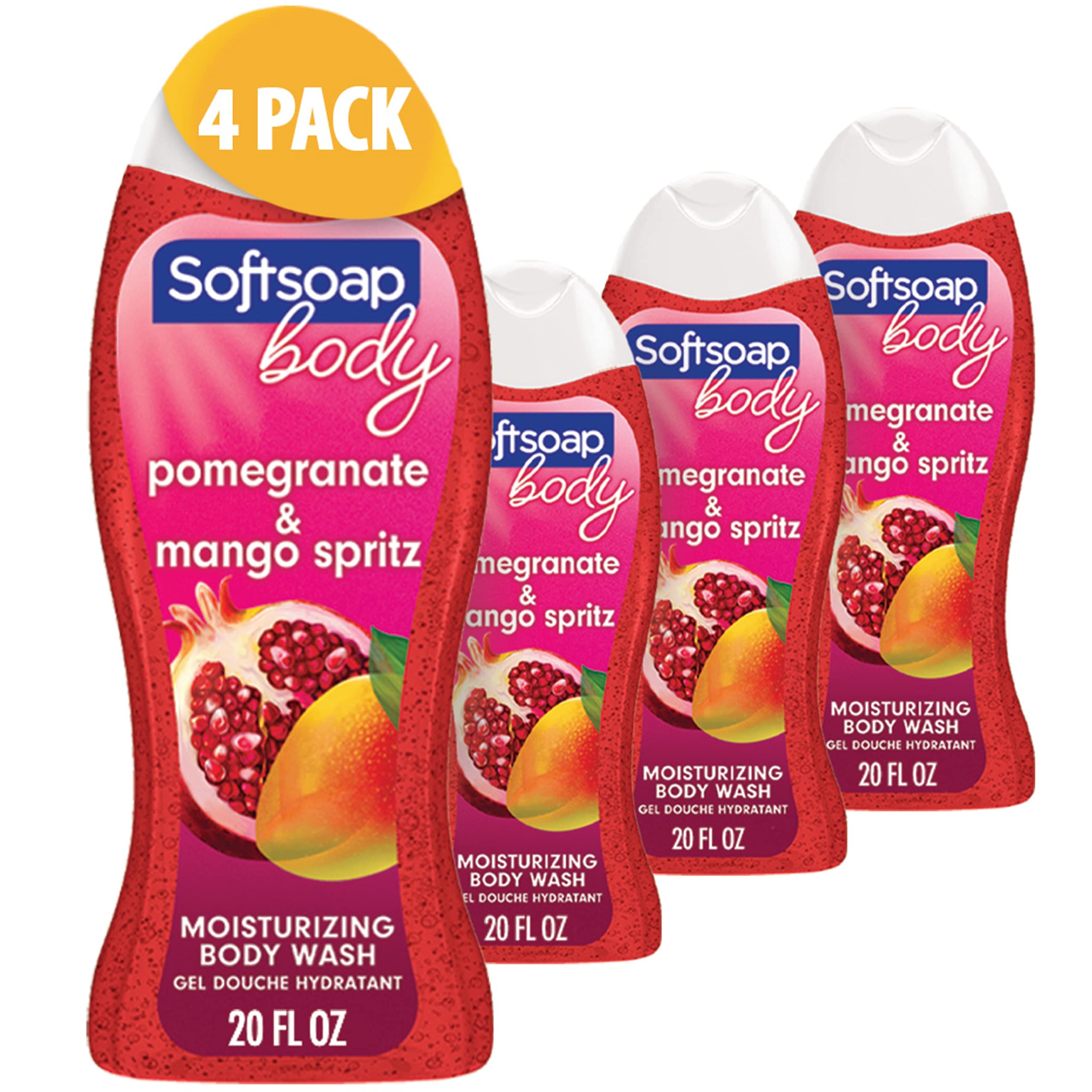Softsoap Body Wash, Pomegranate & Mango Spritz Body Wash, 20 Ounce, 4 Pack & Moisturizing Liquid Hand Soap, Milk and Honey, 7.5 Fluid Ounce, Pack of 6 (Package may vary)