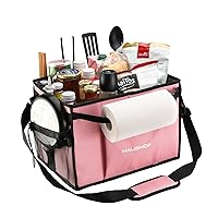 HAUSHOF Large Grill and Picnic Caddy with Paper Towel Holder, Condiment Pocket, Foldable BBQ Organizer Easy Carry Griddle Caddy for Camping, RV, Outdoor Waterproof Oxford Cloth (Pink)