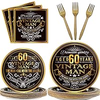 Wiooffen 96 Pcs Vintage 60th Party Tableware Set Back in 1964 60th Theme Birthday Party Table Decoration Supplies Cheers to 60 Years Paper Plate Napkin Fork 24 Guests for Men